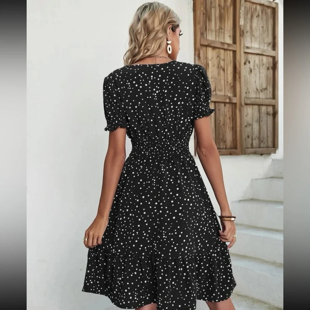 Boho polka dots puff sleeve A line dress - Picture 6 of 10
